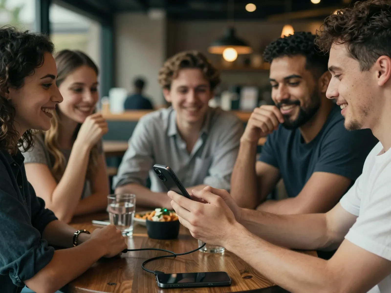 Friends laughing around a table while one charges a phone