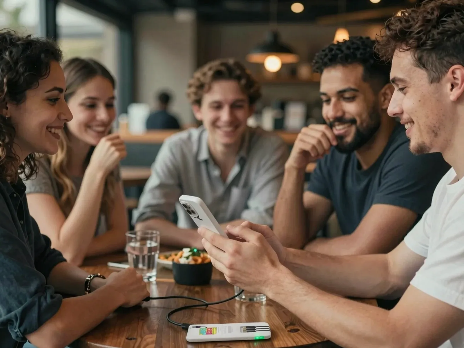 Friends laughing around a table while one charges a phone