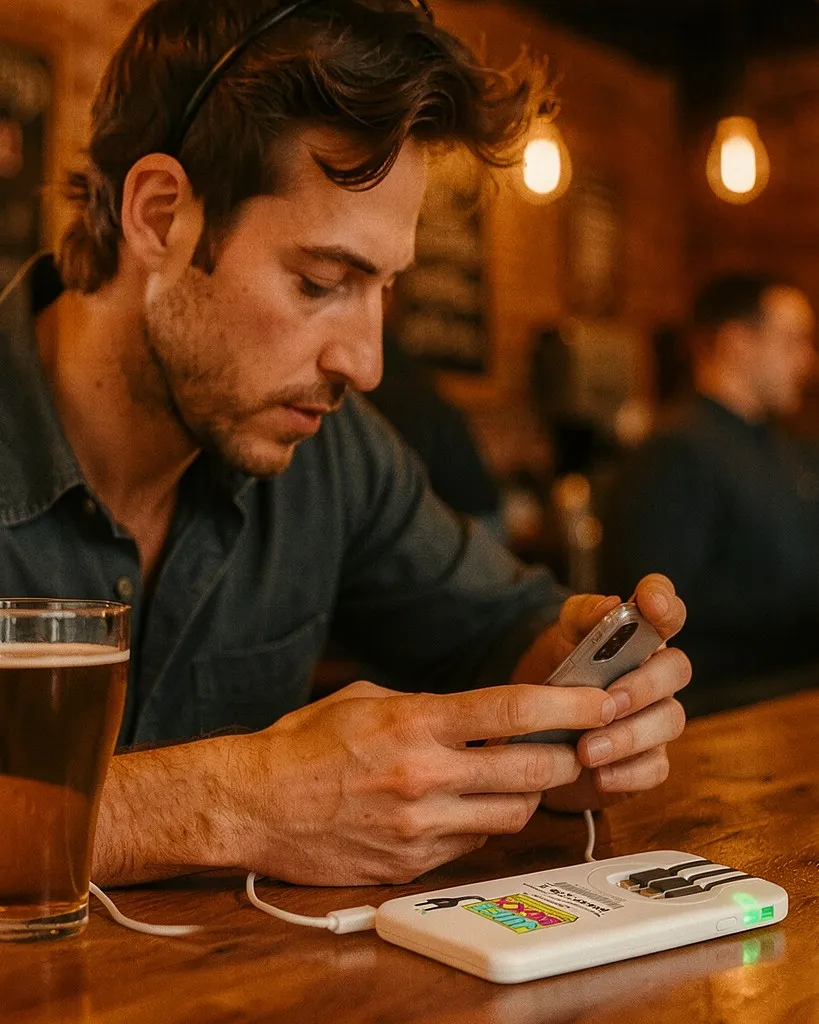 A guest at a bar reads his phone while it charges from a power bank beside his drink