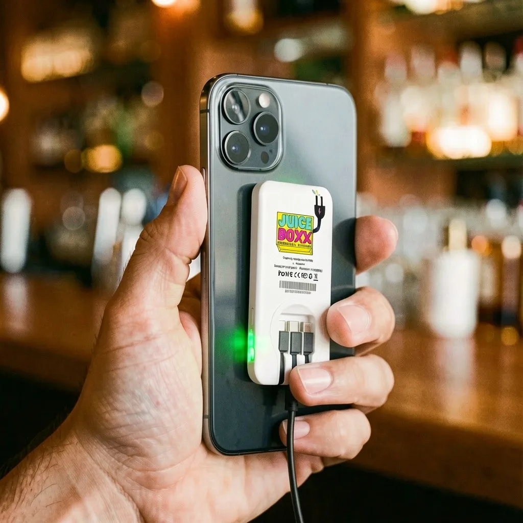 A hand holding a smartphone with a slim white power bank attached to the back