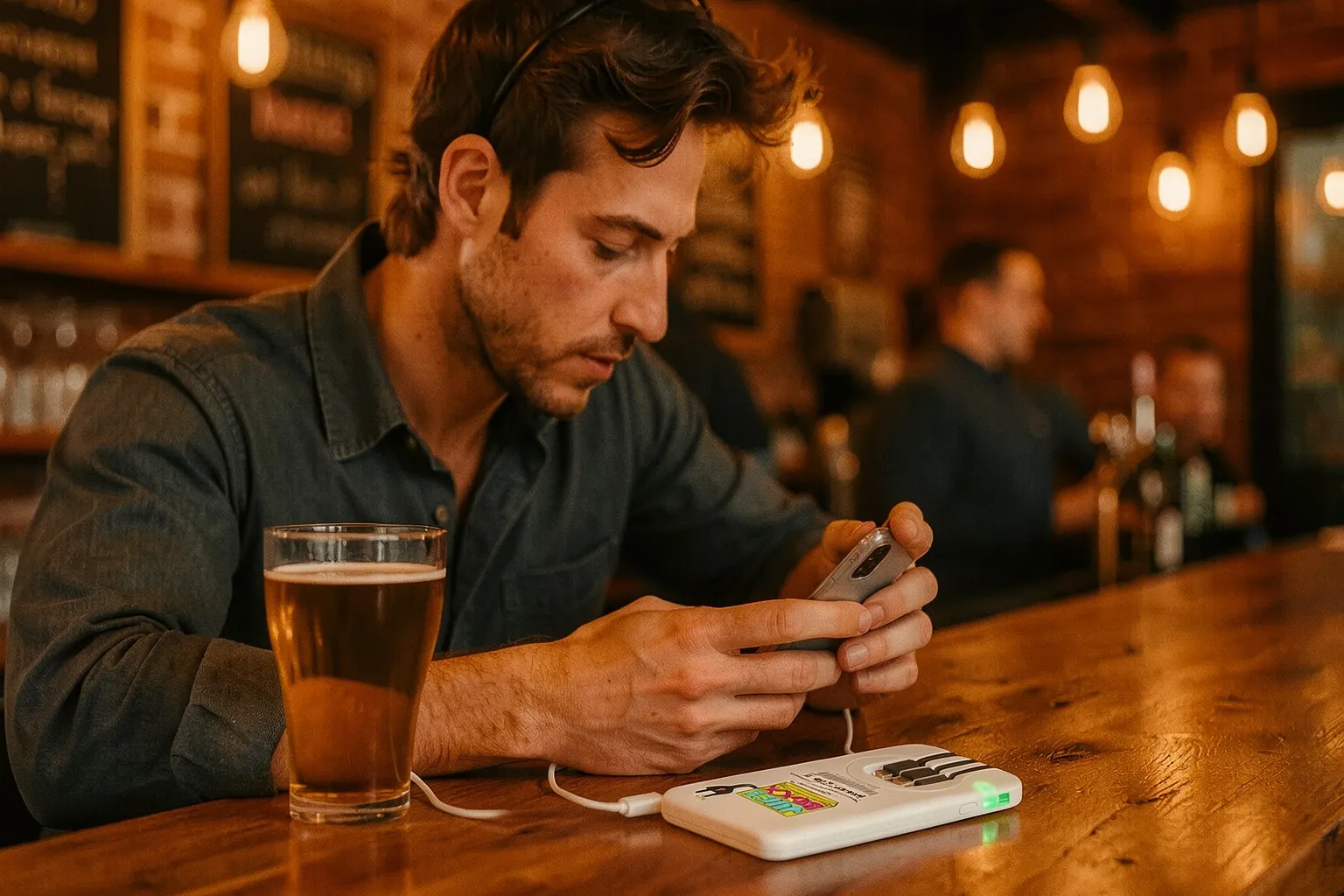 A guest at a taproom bar reading his phone as it charges