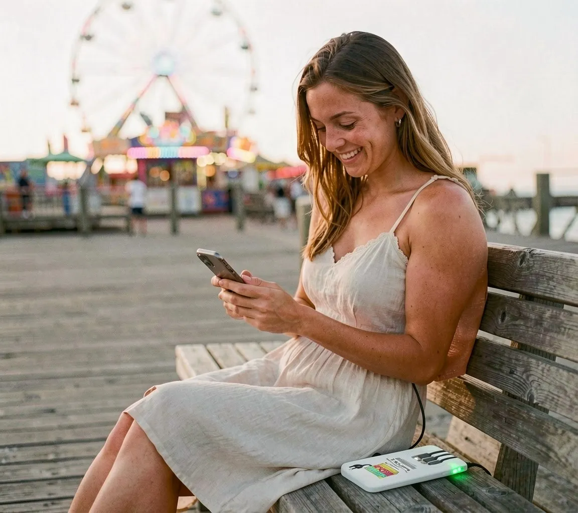 A woman on a boardwalk bench at sunset smiles at her phone while it charges from a power bank beside her