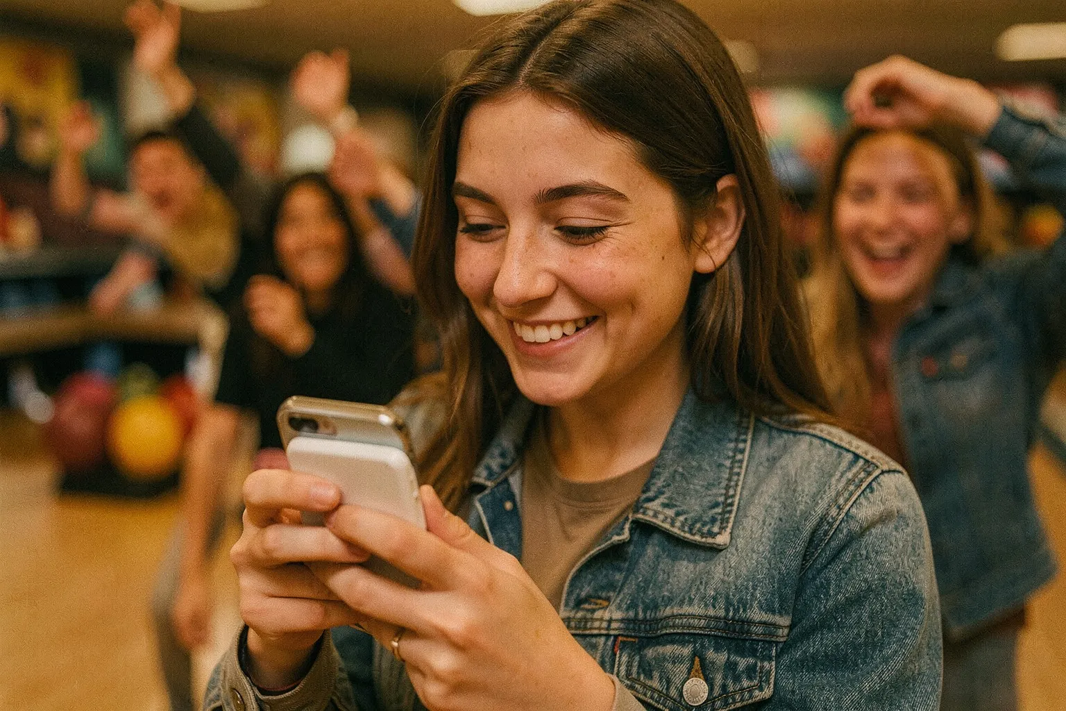 A young woman smiles at her phone, a power bank attached to its back, while friends cheer behind her at a bowling alley