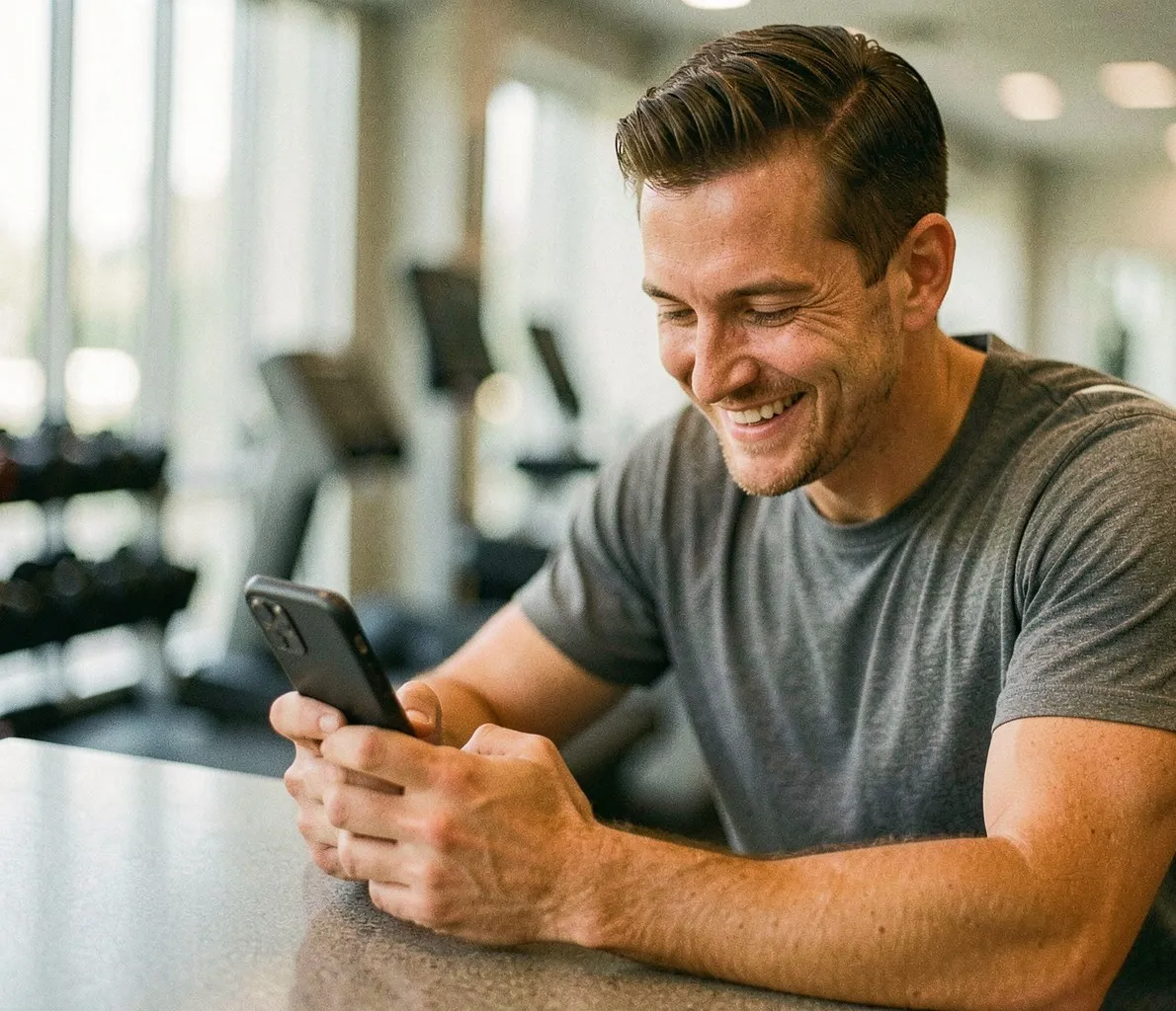 Smiling man holding a phone at a fitness center venue
