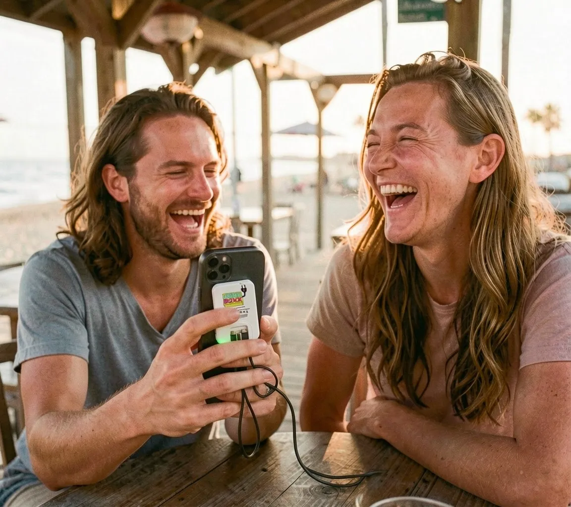 Two friends laughing at a beachfront patio while one holds a phone with a power bank attached