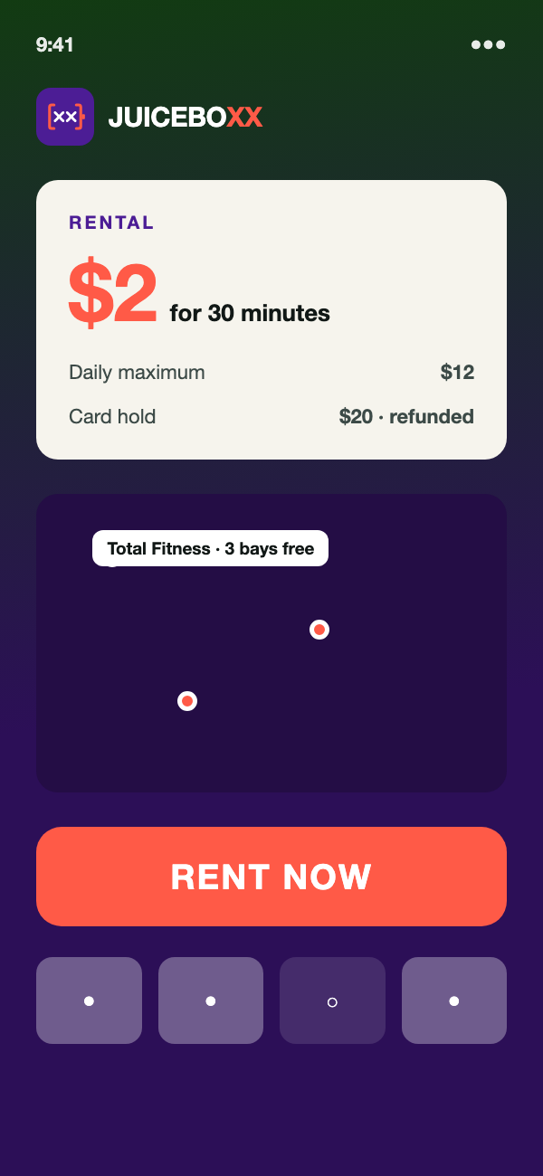 Juice Boxx app screen in the new brand showing a two dollar rental with station availability