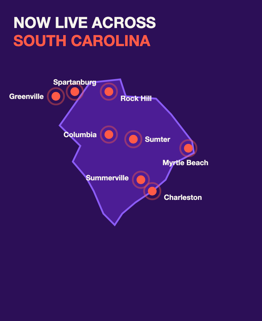 Map of Juice Boxx markets across South Carolina